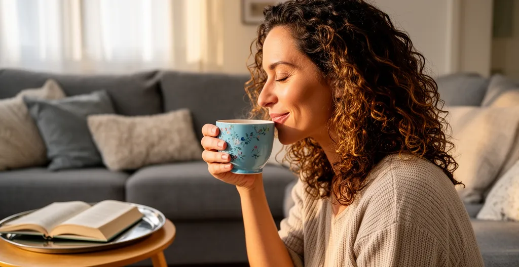 Femme savourant l'arôme d'un café bio fraîchement préparé