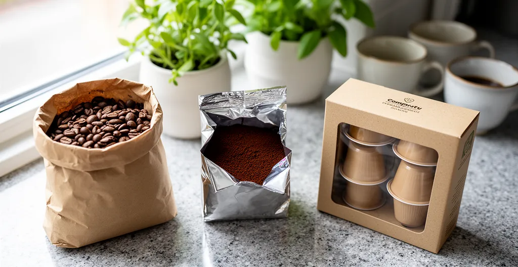 Différents formats de café bio disposés sur un plan de travail de cuisine