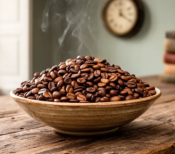 Grains de café bio fraîchement torréfiés dans un bol en céramique rustique