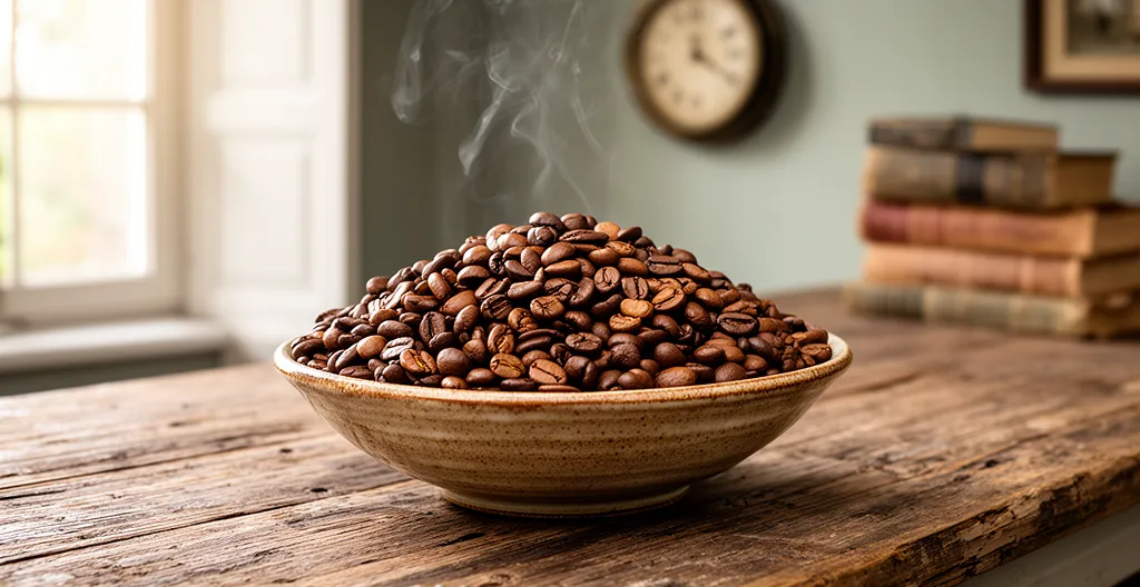 Grains de café bio fraîchement torréfiés dans un bol en céramique rustique
