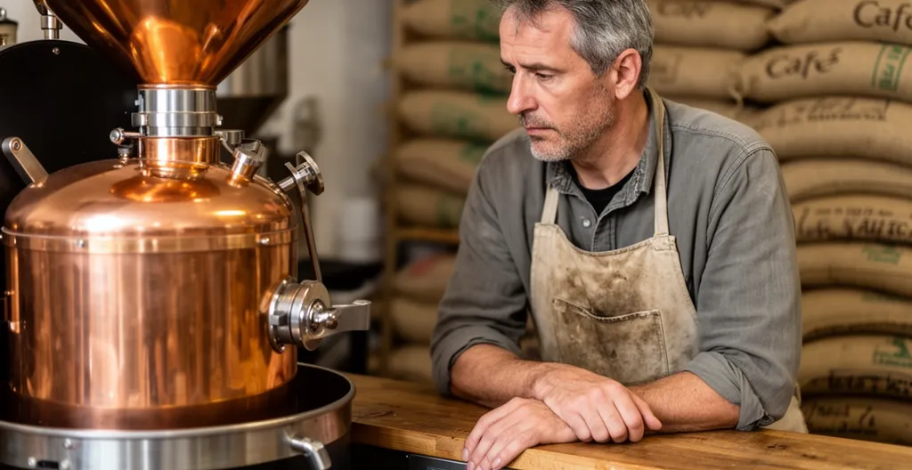 Torréfacteur artisanal surveillant la torréfaction de grains de café bio