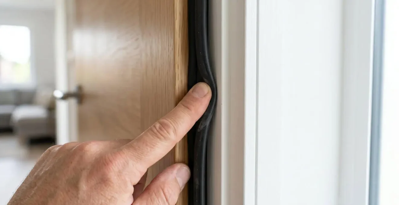 Gros plan de la main d'un technicien compressant avec l'index un coupe-froid de porte, focus net sur le geste tactile, cadre de porte moderne visible en arrière-plan