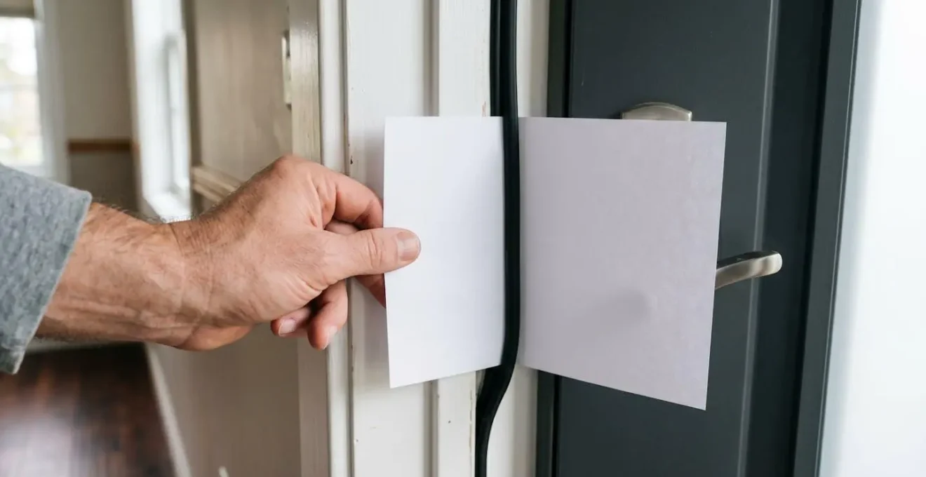 Gros plan d'une main glissant une feuille de papier blanche entre le cadre de porte et la porte fermée pour tester l'étanchéité du coupe-froid