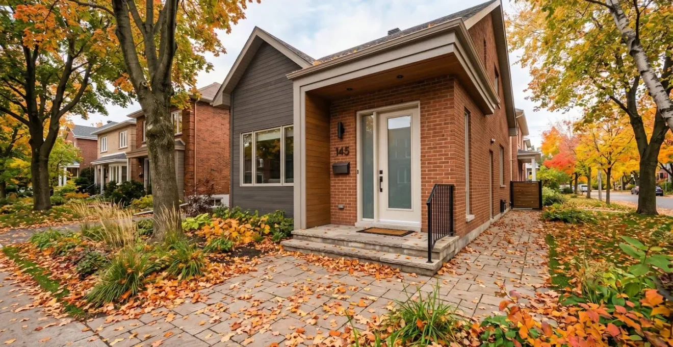 Vue large d'une porte d'entrée contemporaine typique d'une résidence québécoise, extérieur avec feuilles d'automne colorées au sol, lumière naturelle douce