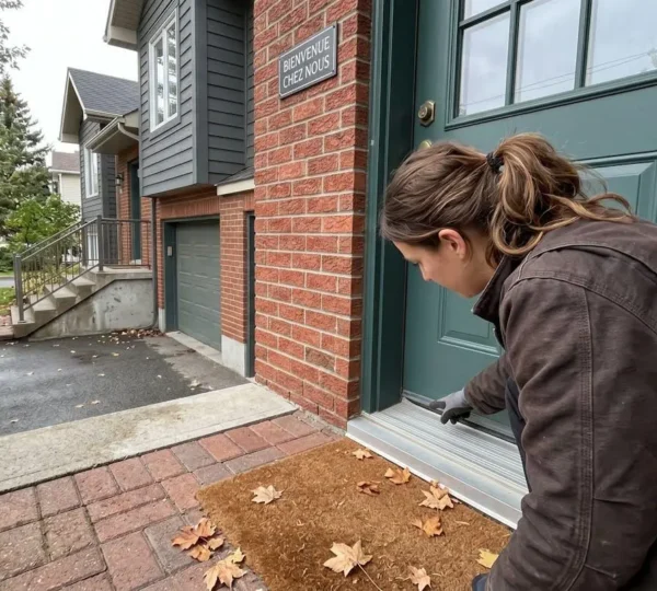 Un propriétaire vu de profil observe attentivement le cadre de sa porte d'entrée pendant qu'un technicien pointe du doigt un coupe-froid, interaction concentrée en lumière naturelle