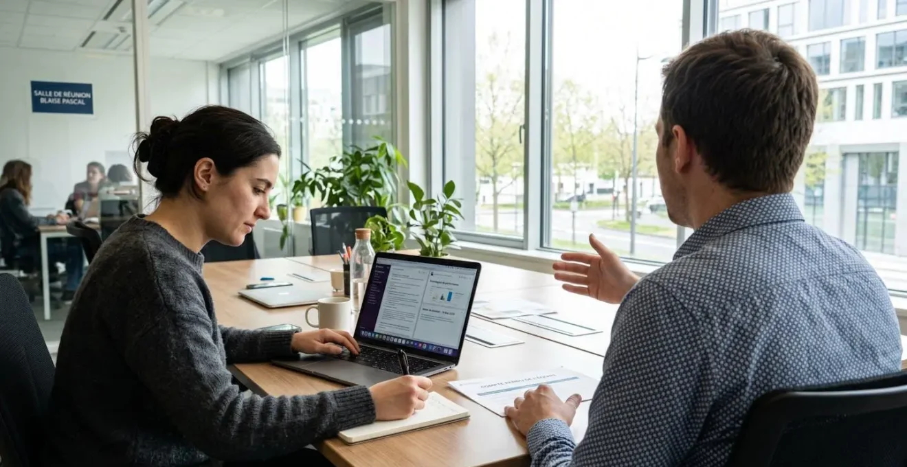 Deux professionnels en échange dans un bureau moderne, l'un écoute attentivement en prenant des notes