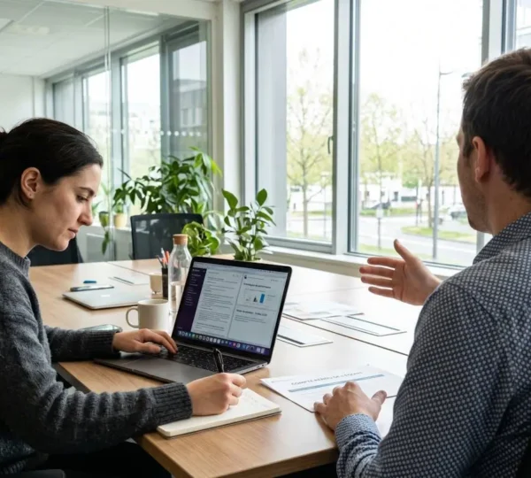 Deux professionnels en échange dans un bureau moderne, l'un écoute attentivement en prenant des notes