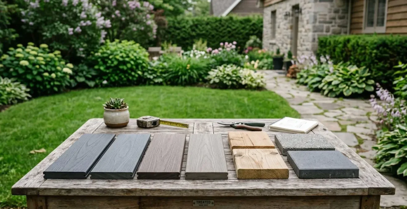 Échantillons de matériaux pour patio : composite gris, bois traité, dalles de béton