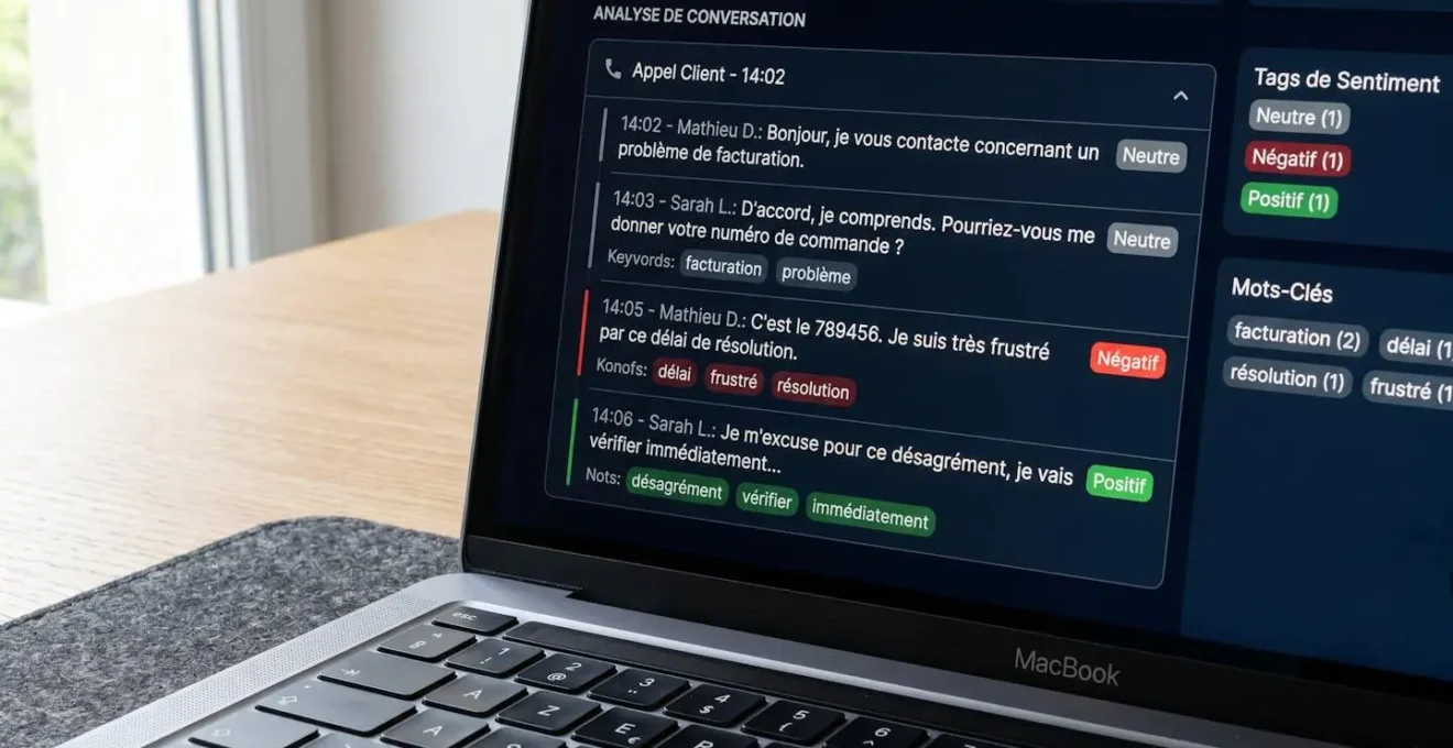 Écran d'ordinateur affichant une interface d'analyse de conversation commerciale avec mots-clés surlignés