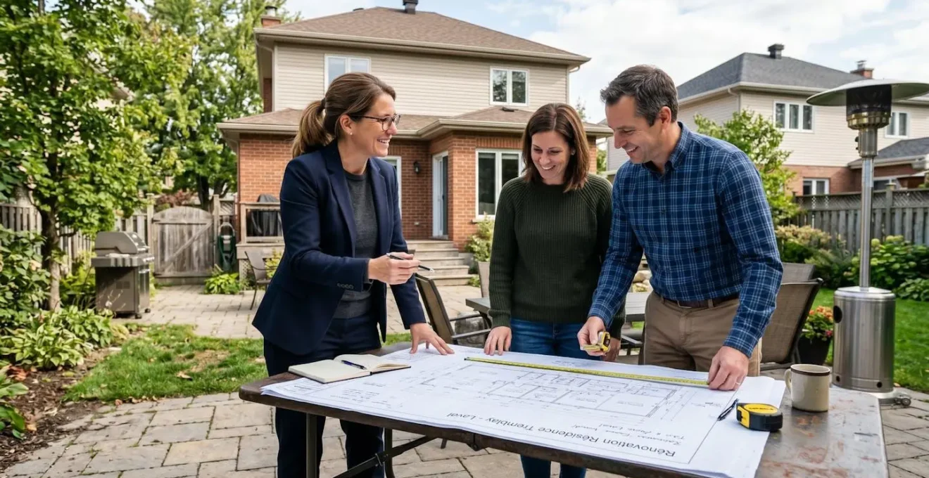 Entrepreneur spécialisé en patio discutant des plans avec des propriétaires dans une cour résidentielle