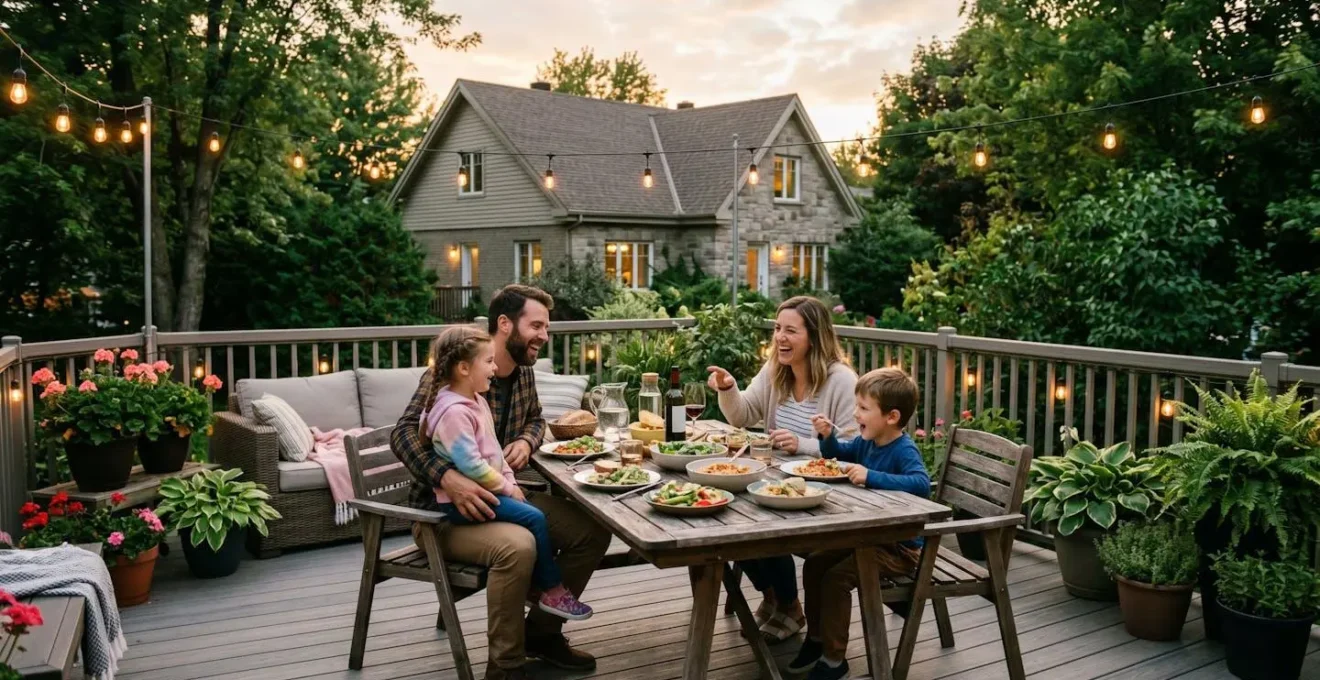 Famille lavalloise profitant d'une soirée sur leur patio moderne en composite