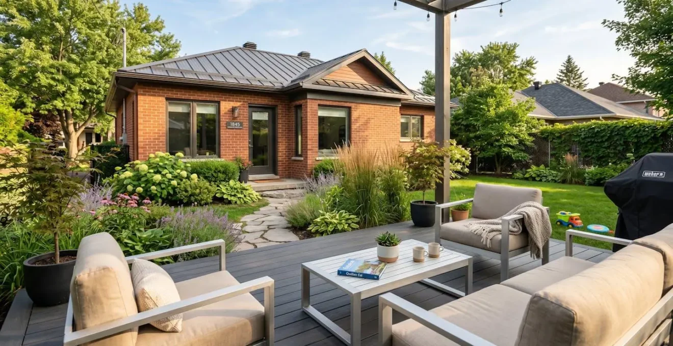 Patio moderne en composite avec mobilier épuré dans une cour arrière résidentielle à Laval