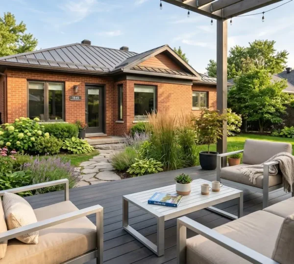 Patio moderne en composite avec mobilier épuré dans une cour arrière résidentielle à Laval