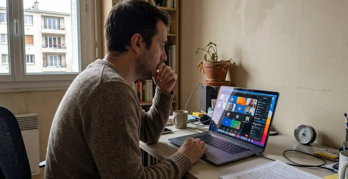 Professionnel en télétravail consultant l'heure lors d'un appel visio, ordinateur ouvert sur le bureau