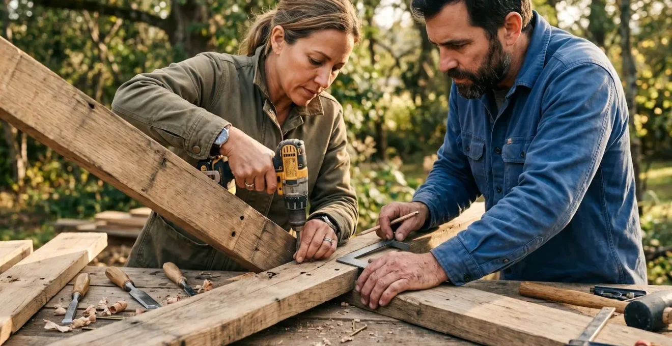 Deux collaborateurs en train d'assembler des pièces en bois lors d'un défi team building