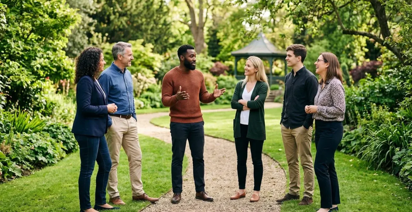 Manager et équipe en cercle à l'extérieur pour un débriefing après une activité team building
