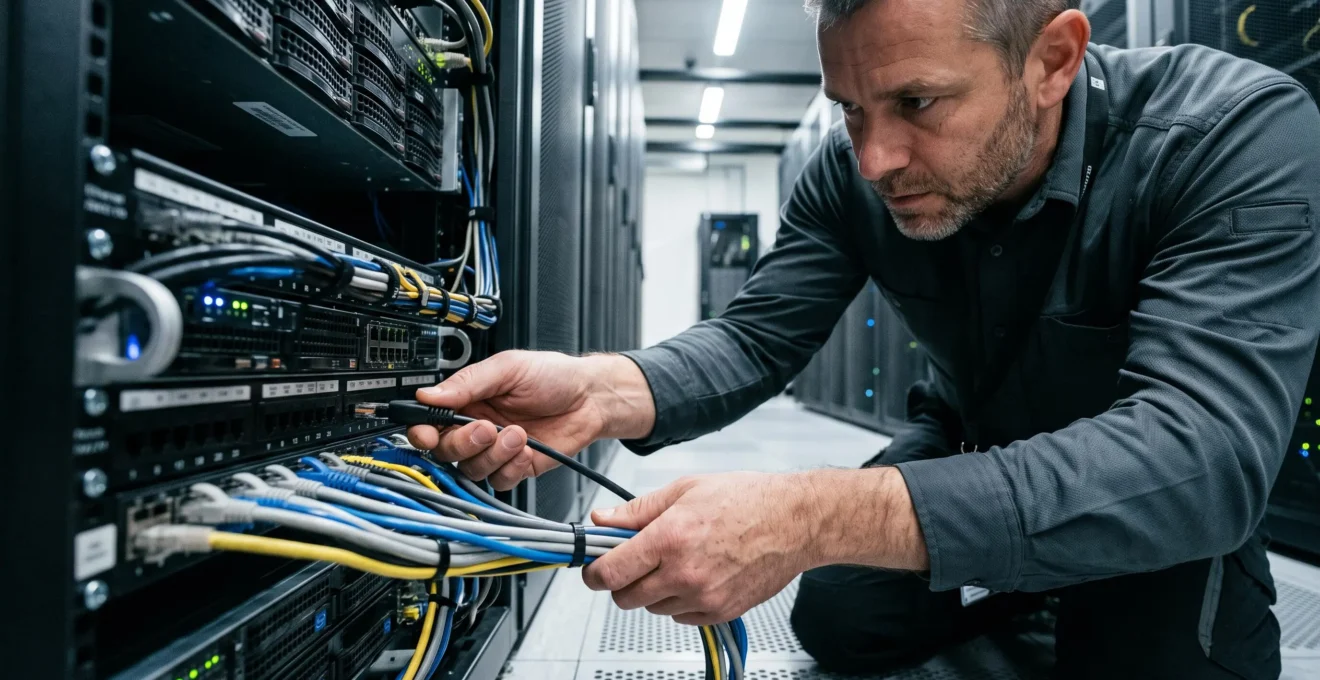 Un administrateur systèmes branche un câble réseau dans un panneau de brassage d'une baie informatique.