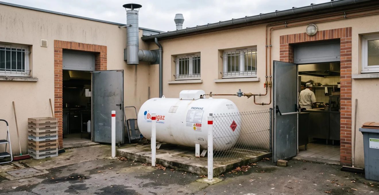 Installation d'une citerne de propane dans la cour de service d'un établissement professionnel français avec tuyauteries de raccordement vers le bâtiment