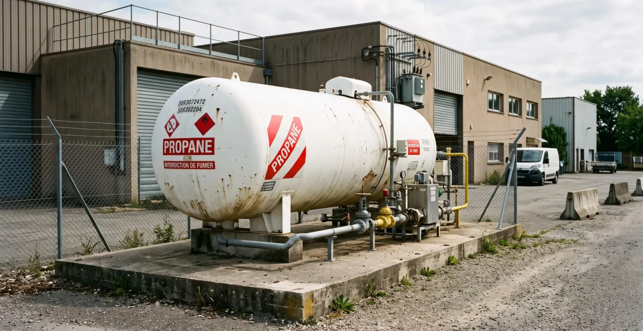 Citerne de gaz propane blanche installée dans la zone technique extérieure d'un établissement professionnel français