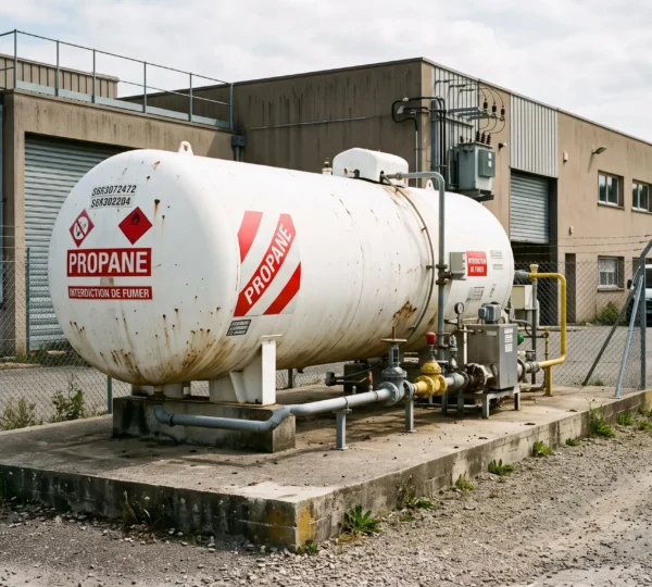 Citerne de gaz propane blanche installée dans la zone technique extérieure d'un établissement professionnel français