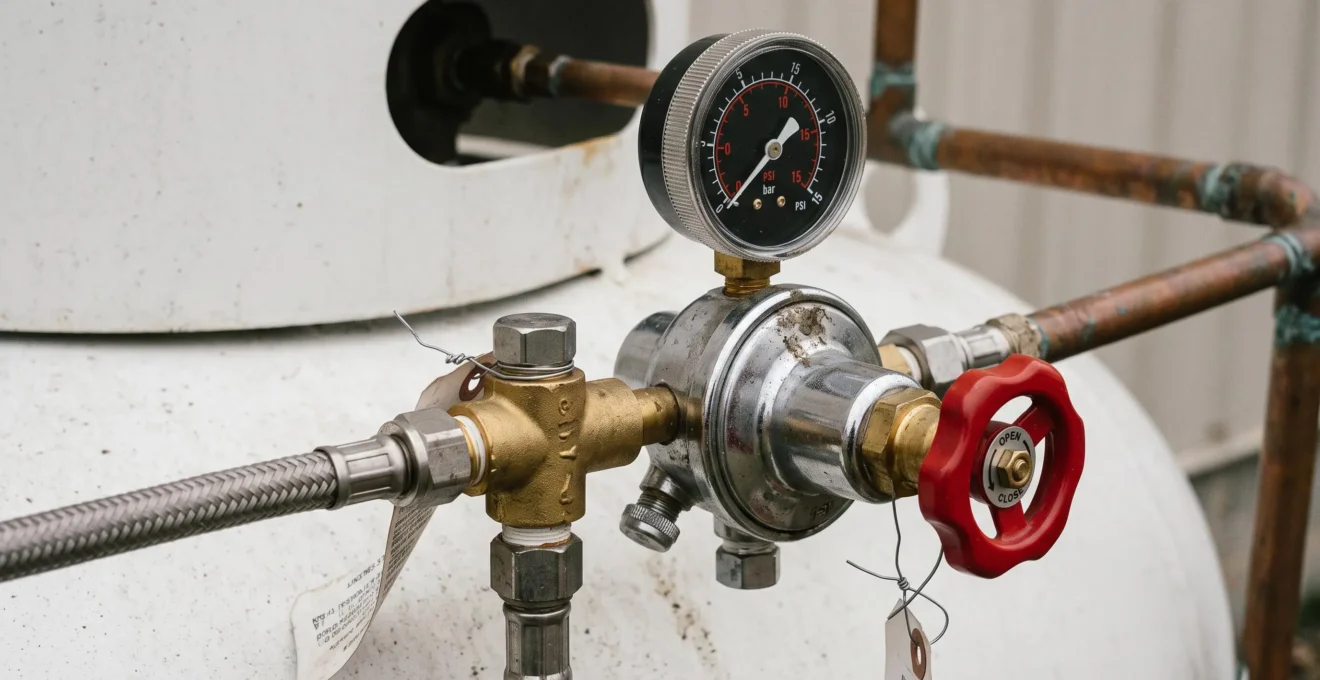 Gros plan sur le détendeur-régulateur de pression et manomètre d'une installation de gaz propane professionnel