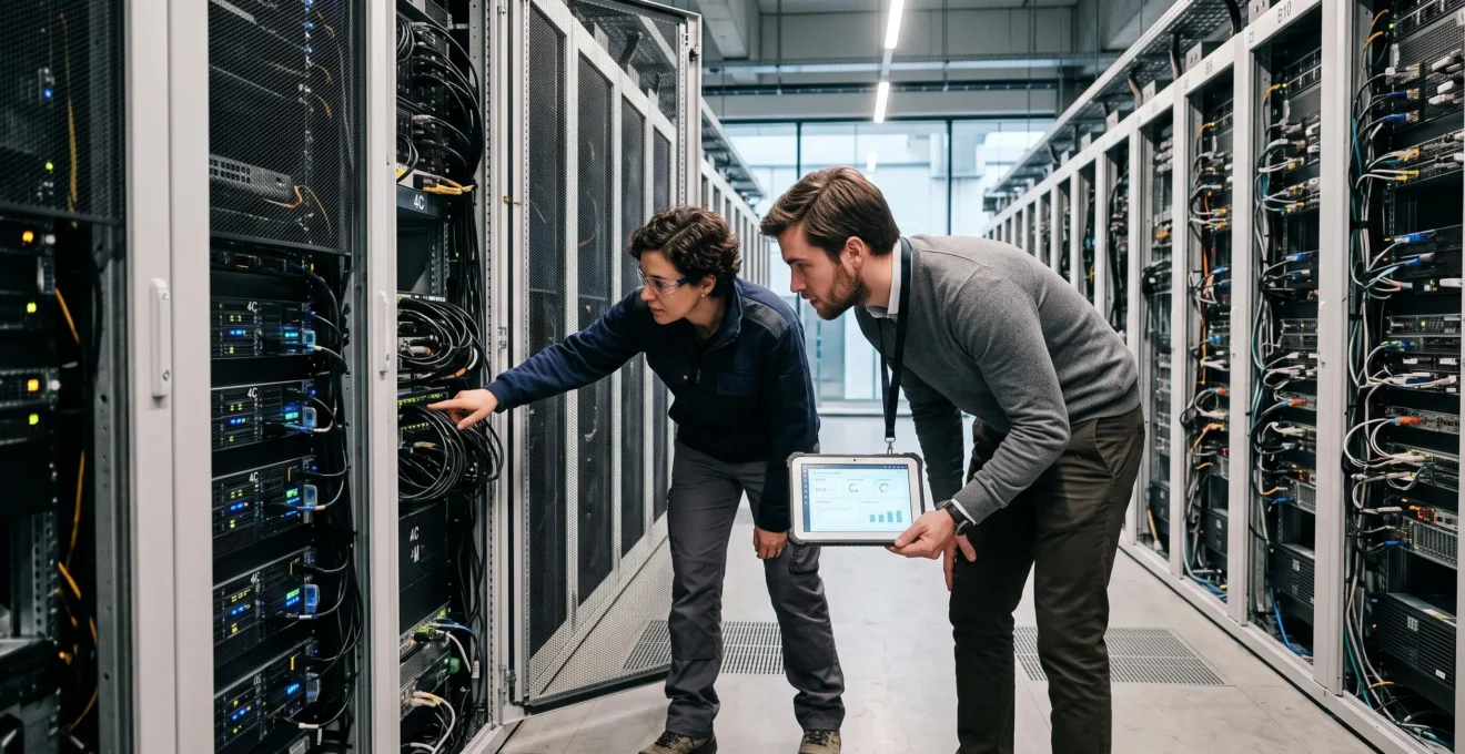 Un ingénieur data et une analyste vérifient des connexions dans une baie de serveurs d'un data center moderne.