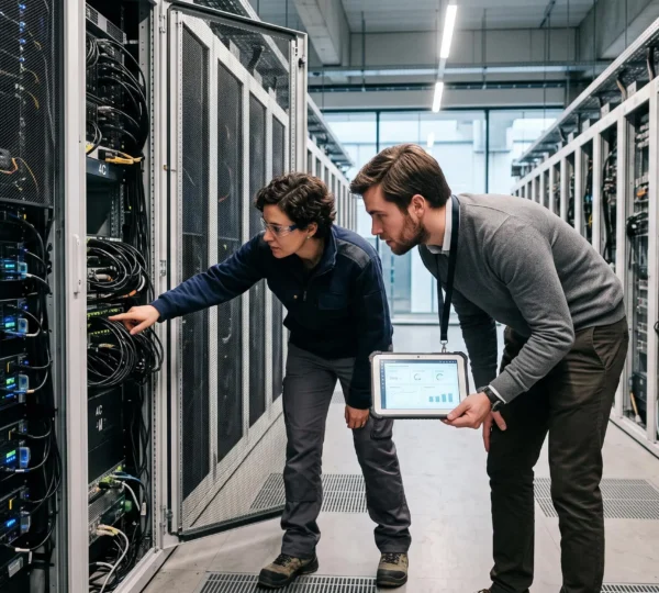 Un ingénieur data et une analyste vérifient des connexions dans une baie de serveurs d'un data center moderne.