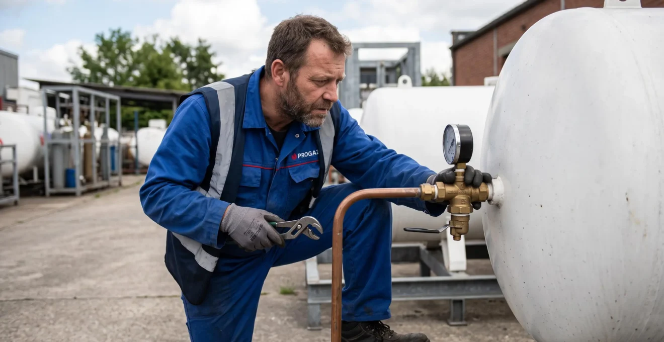 Technicien en tenue de travail inspectant le manomètre et les vannes de régulation d'une citerne de gaz propane
