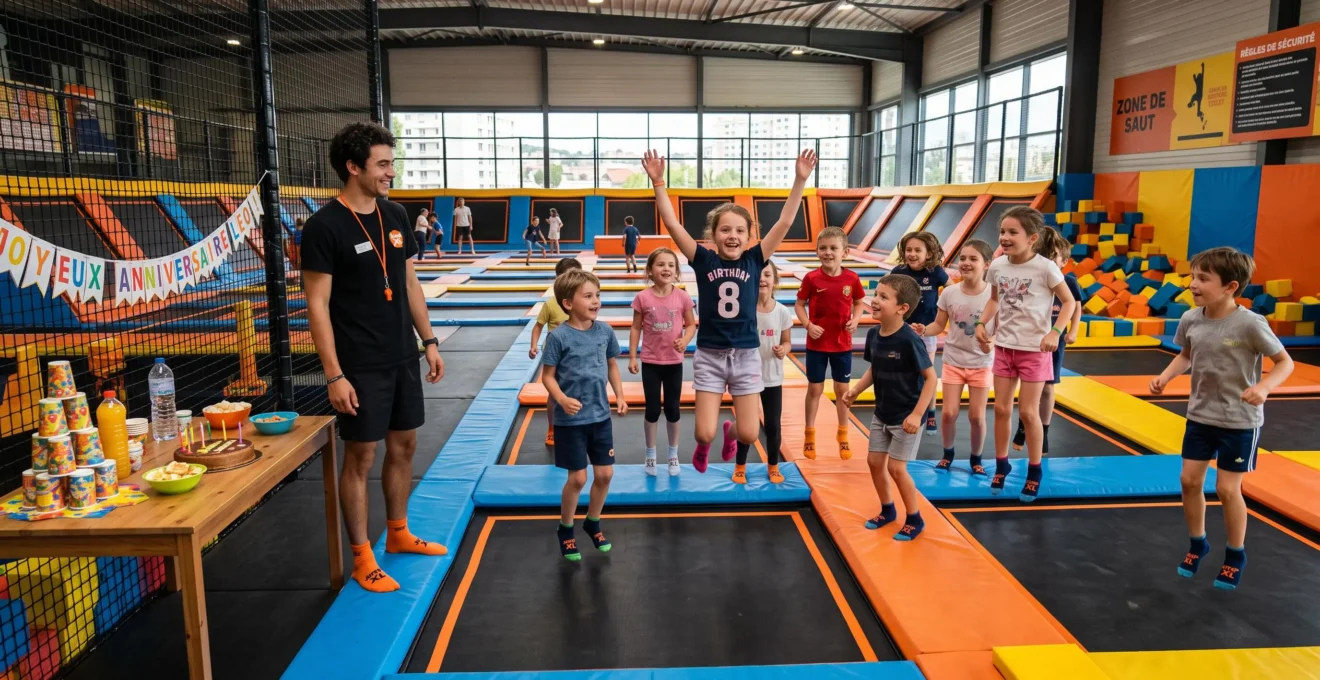 Des enfants sautent sur les trampolines d'un parc pendant une fête d'anniversaire animée.