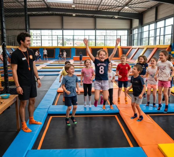Des enfants sautent sur les trampolines d'un parc pendant une fête d'anniversaire animée.