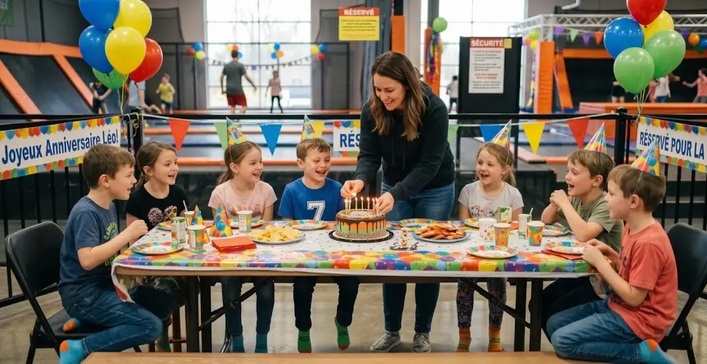 Des enfants soufflent les bougies d'un gâteau autour d'une table de goûter décorée.